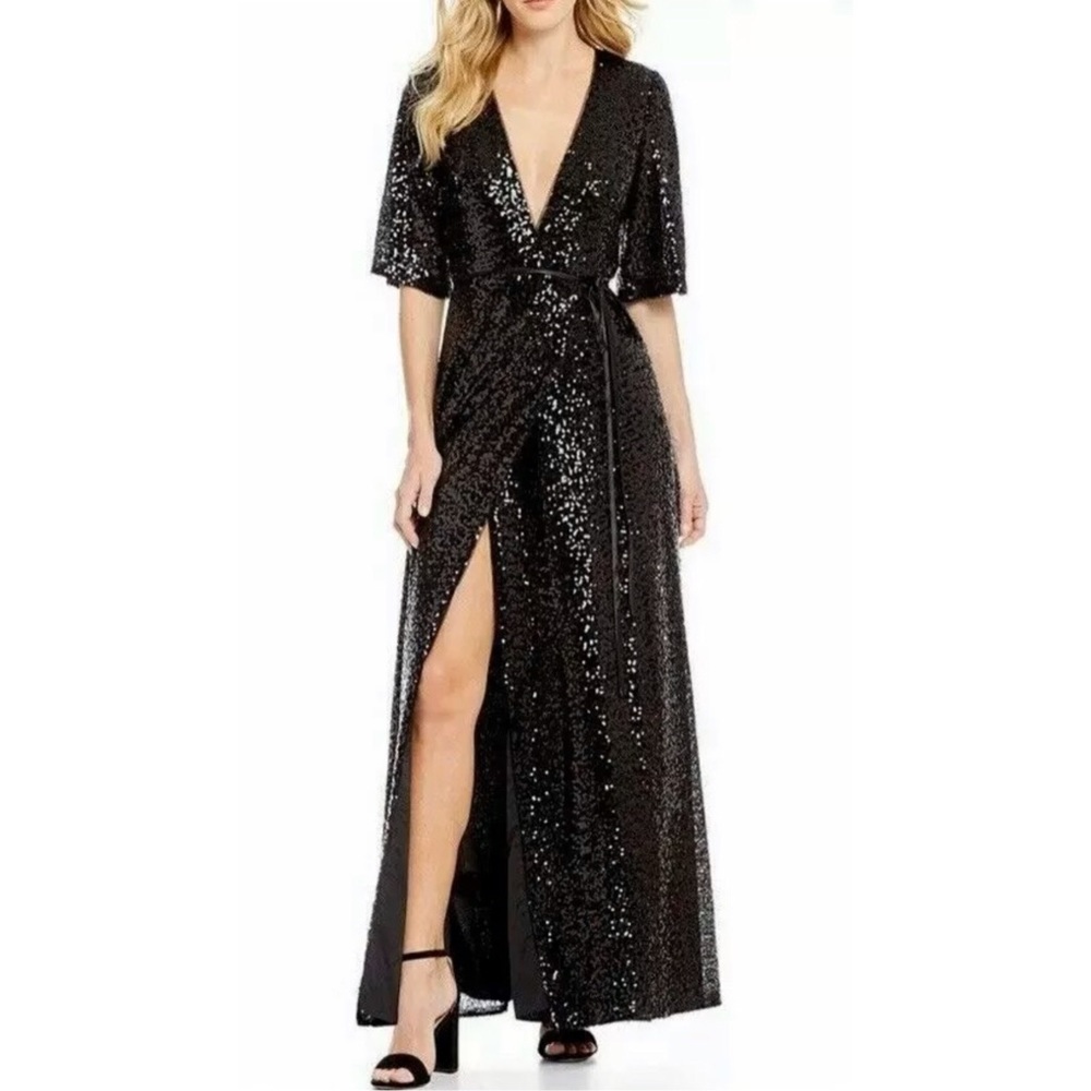 Aidan Mattox Sequin Plunging Vneck Wrap Gown Black